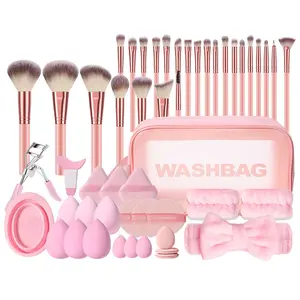 50PCS All-in-One Makeup Tools, Waterproof Multi-Functional Cosmetic Bag, 25PCS Makeup Brushes, Makeup Sponges, Mini Sponges, Triangle & Air Cushion Powder Puffs, Hairband, Hand Bowl Straps, Brush Cleaning Tool, Eye Makeup Accessory and Eyelash Curler