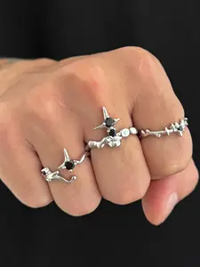 Punk Style Gem Irregular Metal Spikes Ring Set, Gothic Punk Jewelry Series, 3 Piece Set, All Seasons Accessory