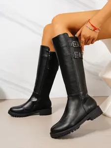 Women's Mid-Calf Boots, Side Zipper Buckle Detail, Low Heel Design, Retro Urban Fashion, Perfect for Fall Winter