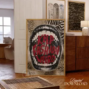 Red Maximalist Leopard Quote Print, Black And White Funky Newspaper Poster, Retro Y2k Mouth Fashion Printable Wall Art