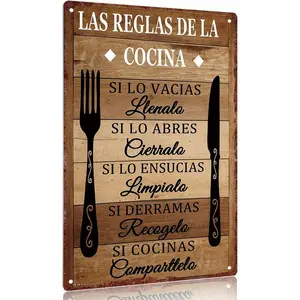 "Las Reglas De La Cocina" Spanish Kitchen Rules Aluminum Metal Sign - 12x8in Vintage Wall Decor for Home Hanging Gift Decoration Items Decorative Plaque