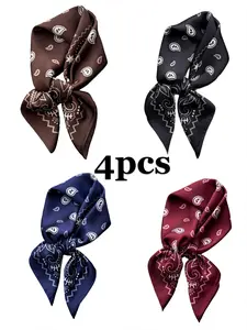 4pcs Luxury Square Scarf for Women, Paisley Hijab 70x70cm, Elegant Neckerchief Bandanas, Soft Faux Silk Scarves, All Seasons, Boho Style Scarf, Western Scarf, Boho Shawl