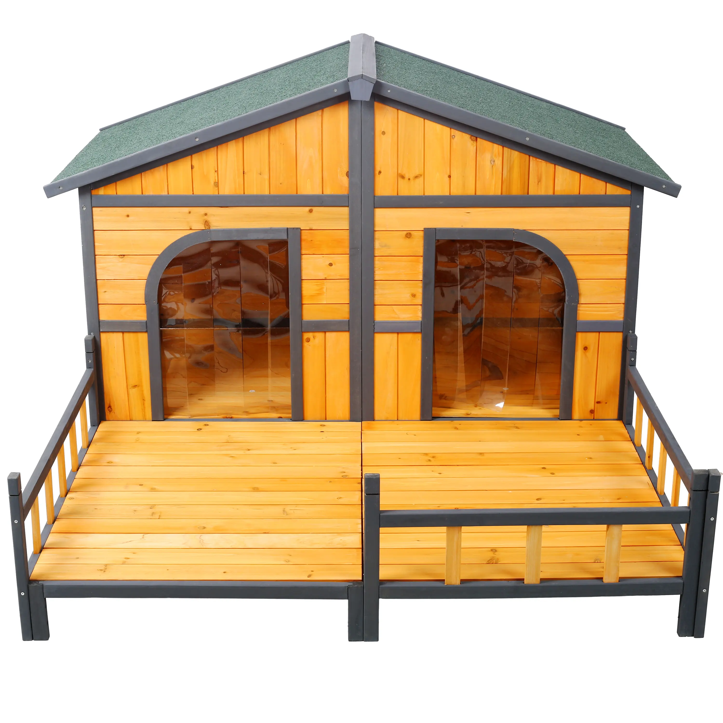DONEXT Large Double XL Wooden Outdoor Dog House - Elevated Flooring, Built-in Porch, Waterproof Shield, All-Seasons Design, Spacious Double Space, Easy to Clean, Convenient Entry/Exit, 64.0x53.5x39.5in, 88.0lbs for Small-Medium Breeds, Easy Clean, Easy Cl