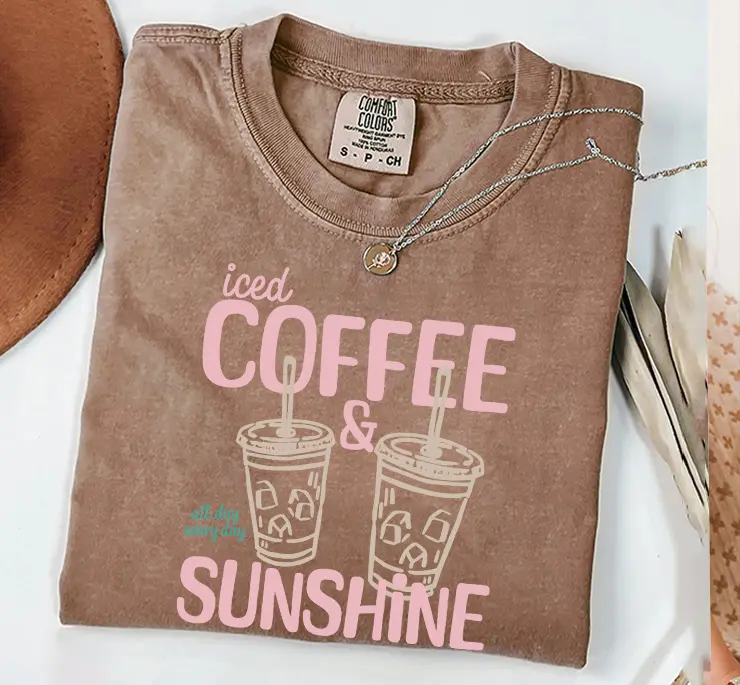Comfort Colors Iced Coffee & Sunshine Graphic Tee, Cute Summer Coffee Lover Shirt Women, Aesthetic Casual Outfit T-Shirt