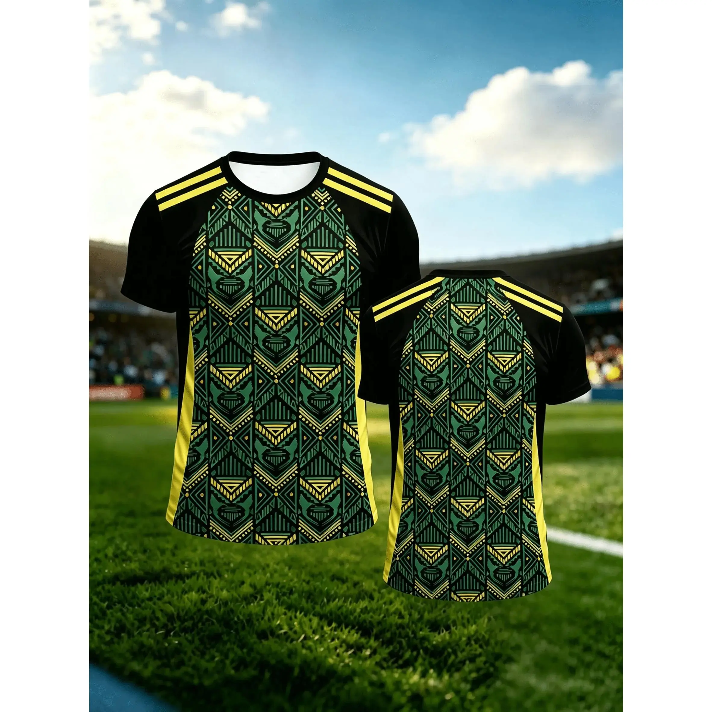 Men's Black & Green Color Block Jamaica-Style Geometric Totem Houndstooth Marble Plants Print Sporty Chic Short-Sleeve T-Shirt - Breathable, Comfortable, Shoulder Double Yellow Stripe - Ideal for Football Training, Casual Sports