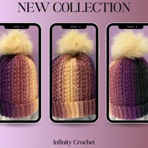Crochet beanie-plum, burgundy and beige