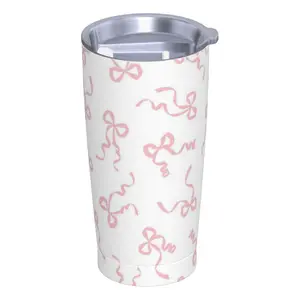 Pink Bow Cream Design 20oz Stainless Steel Insulated Tumbler with Lid & Straw, Cute Ribbon Bow Hand Drawn Style, Double Wall Vacuum Travel Mug