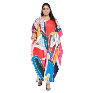 Gypsie Blu Women Plus Size Kaftans Kimono Style Polyester Dresses Loose Caftan Dress Ladies Evening Casual Long Maxi (Red & White Abstract)