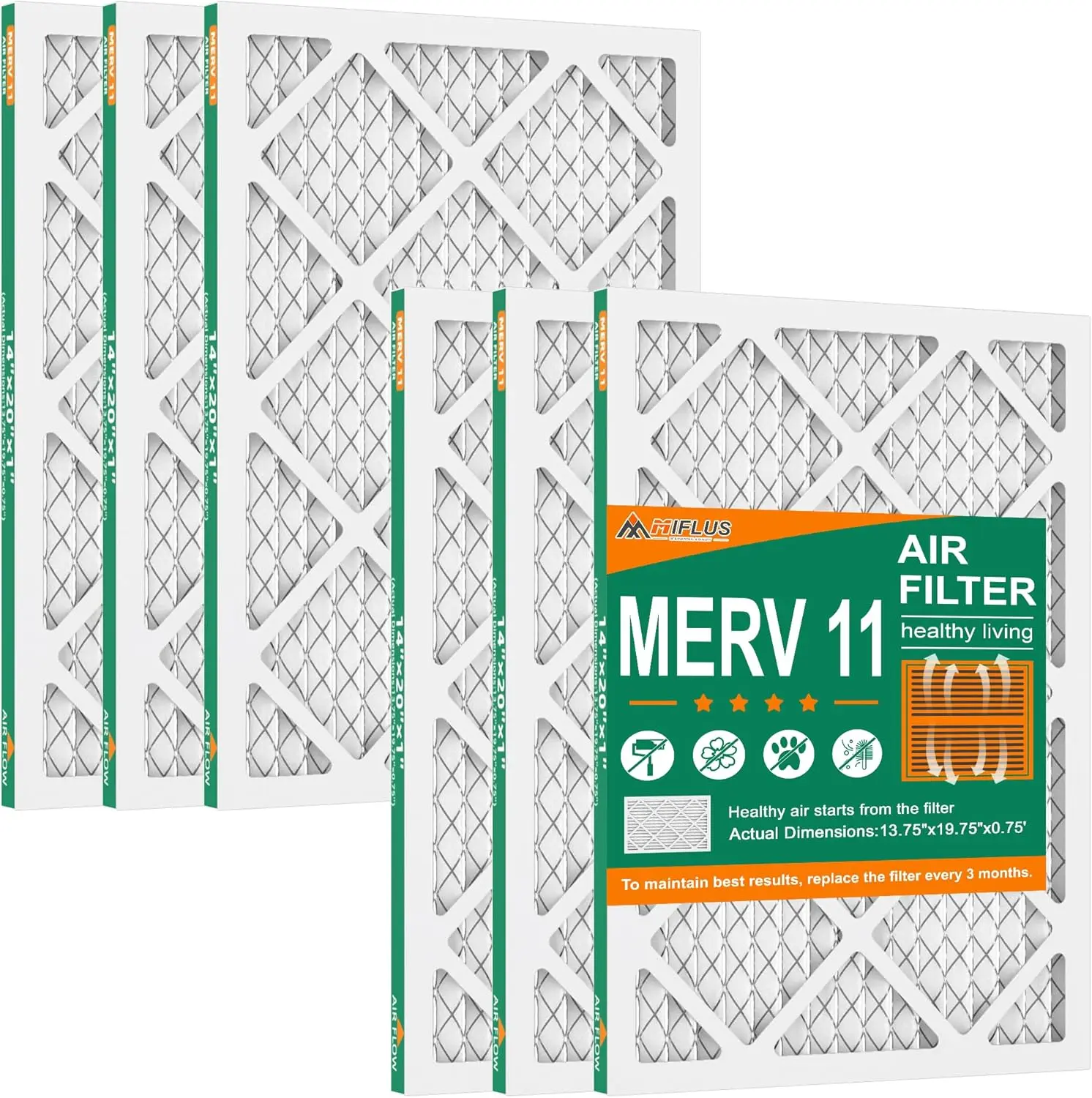 New Home Paper M11 Furnace Filter, 14x20x1 in, 6-Pack, 2x Deep Pleats, Low Resistance, High Dust Capacity, Captures Dust/Pollen/Pet Dander, No Tools Needed, Extends HVAC Lifespan