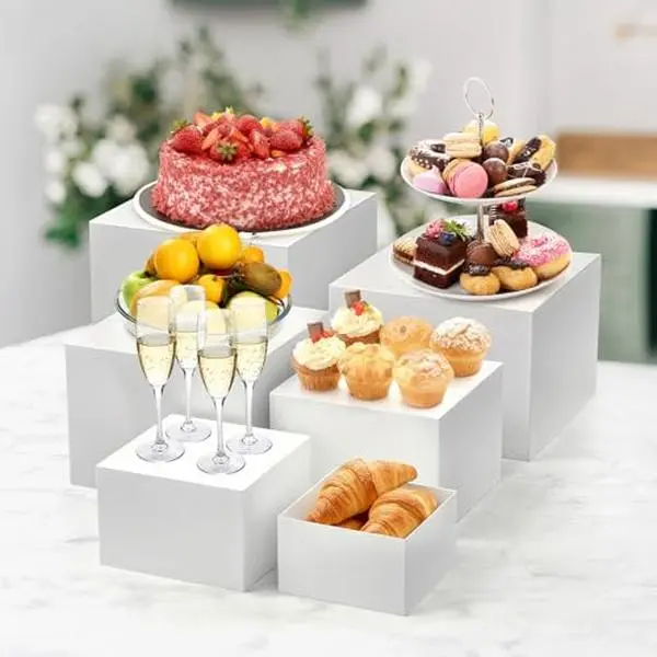 GAOMON 6 Piece Buffet Risers Display Stand for Party, White Acrylic Cube Food Riser with Hollow Bottom, Cupcake Dessert Stand Nesting Storage Box for Catering, Jewelry & Collectibles