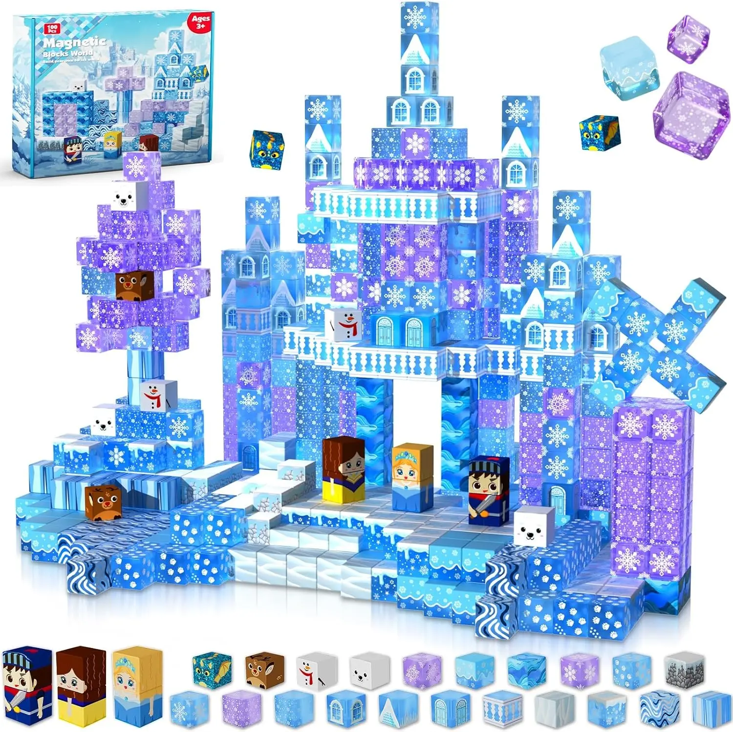 Magnetic Blocks - 100Pcs 0.8in Magnetic Building Block for Kids Ages 4-8, Transparent Magnet Block Blue Princess Castle, Magnet Cubes Tiles Princess Toy for Girl 3 4 5 6 7 8-12 Birthday Gift,Happy Mothers Day