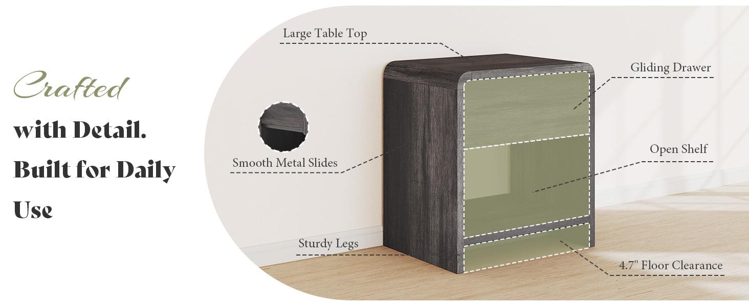 AMERLIFE 2 Different Style Modern Night Stand with Storage Drawer & Open Shelves, Small Nightstand & Bedside Table with Open Shelf, Curved Profile Design & Pine Handles, Wood End Table for Bedroom, Living Room,