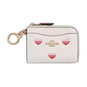 Coach Card Case 11: Gradient Heart Print Zip Closure Mini Wallet for Women, Pebbled Leather, White