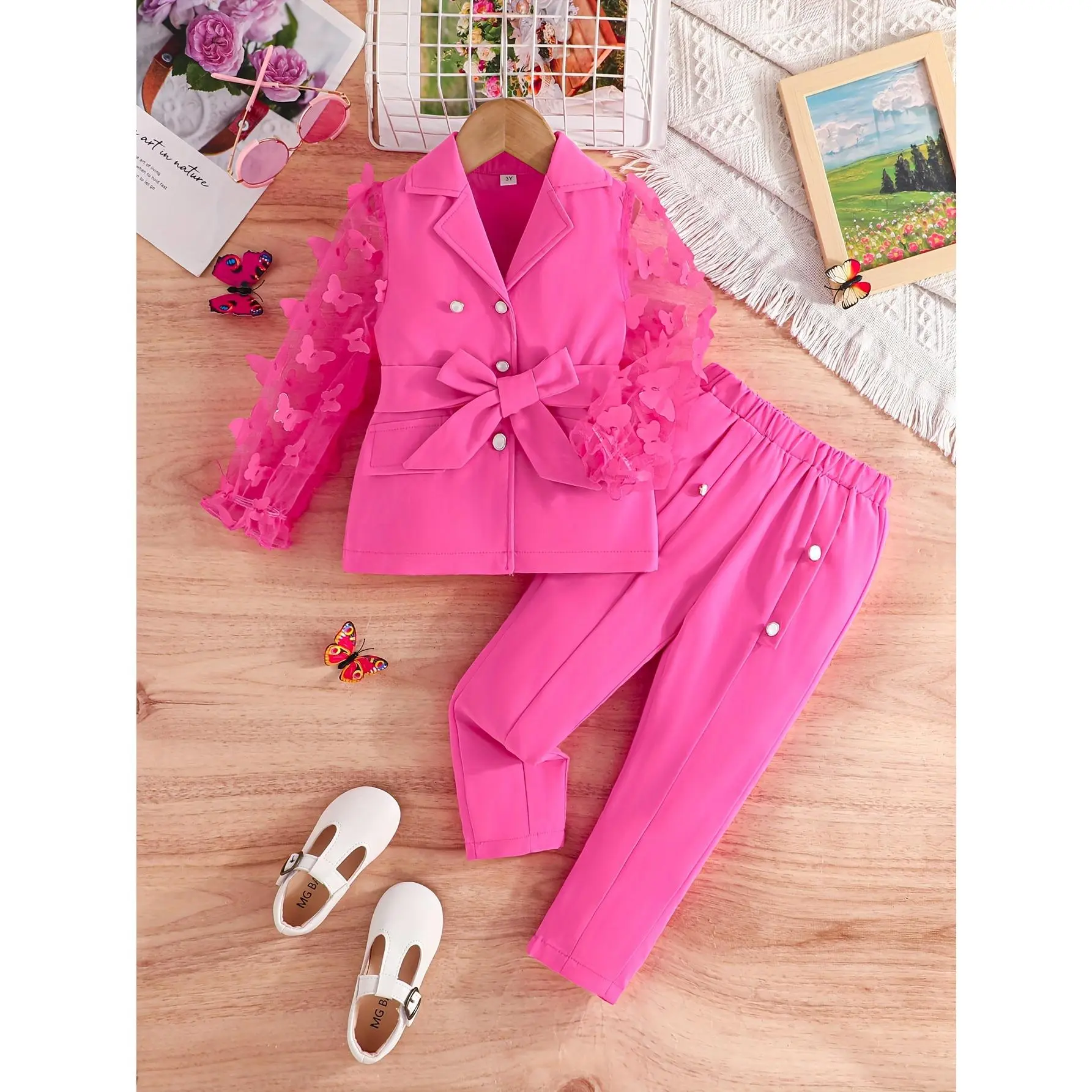 Girls' Elegant Polyester 2-Piece Suit - 3D Collar Long Sleeve Blazer + Solid Color Long Pants Set with Butterfly Print, 6Y