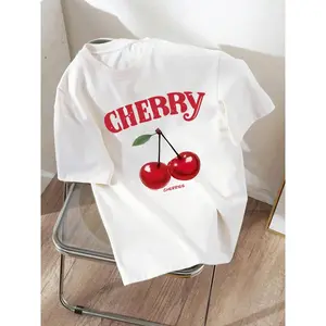 Women's Cherry & Letter Graphic Round Neck Tee, Fashion Casual Crew Neck T-shirt for Daily Outdoor Wear, Ladies Clothes for All Seasons Unisex Shirt