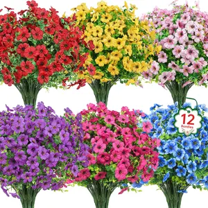 12 Bundles Artificial Flowers for Outdoors, Fake Silk UV Resistant Faux Plastic Plants for Garden, Porch, Window Box, Table Vase, Home Indoor & Outdoor Decor, Lifelike Artificial Flower