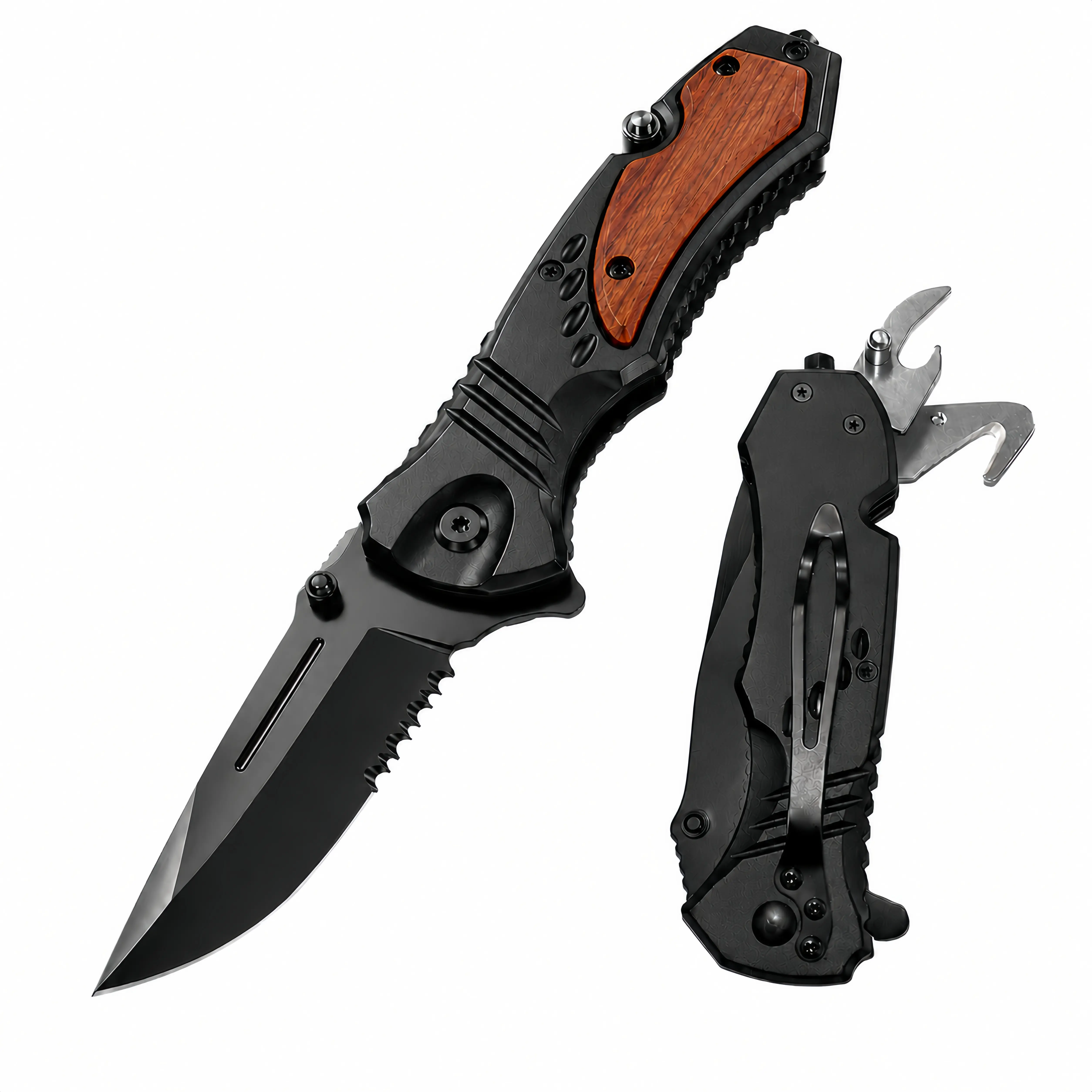 Folding Pocket Knife, Personalized Wooden Handle Utility Knife, Multi Tool Pocket Knife with Bottle Opener and Rope Cutter, Outdoor Camping Gift for Men