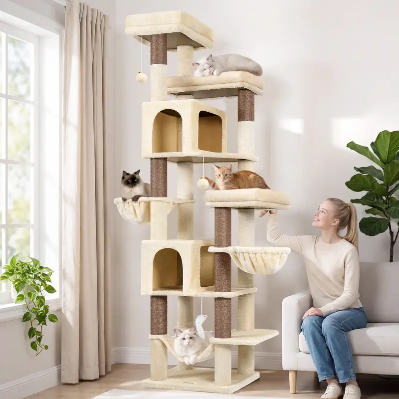 Deskat 82" Multi-Level Giant Cat Tree Tower - Stable (Stability) Condo with 7 Fully-Wrapped Natural Sisal Posts, Vertical Scratcher, 3 Top Perches, 2 Hammocks, Modern Home Decor, Large 15lb+ Cat Playground (4+ Capacity)