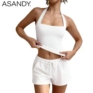 ASANDY Women's Lady Sleeveless Halter Square Neck Short Basic Tank Top, 4-Way Stretch Double Layer Slim Fit Backless Crop Clothes, Ideal for Workout & Casual Looks