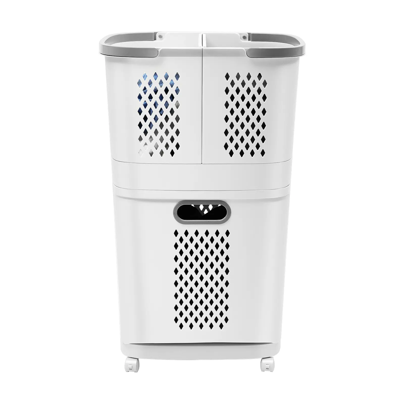 3-Tier Rolling Polypropylene (PP) Laundry Hamper with 360° Smooth Roll Wheels - 74cm Large Capacity Laundry Bin, Clothes Basket, Wipe-Clean Modern Grey White Wall-Mount Compatible Mobile Storage Organizer Cart for Bedroom, Bathroom