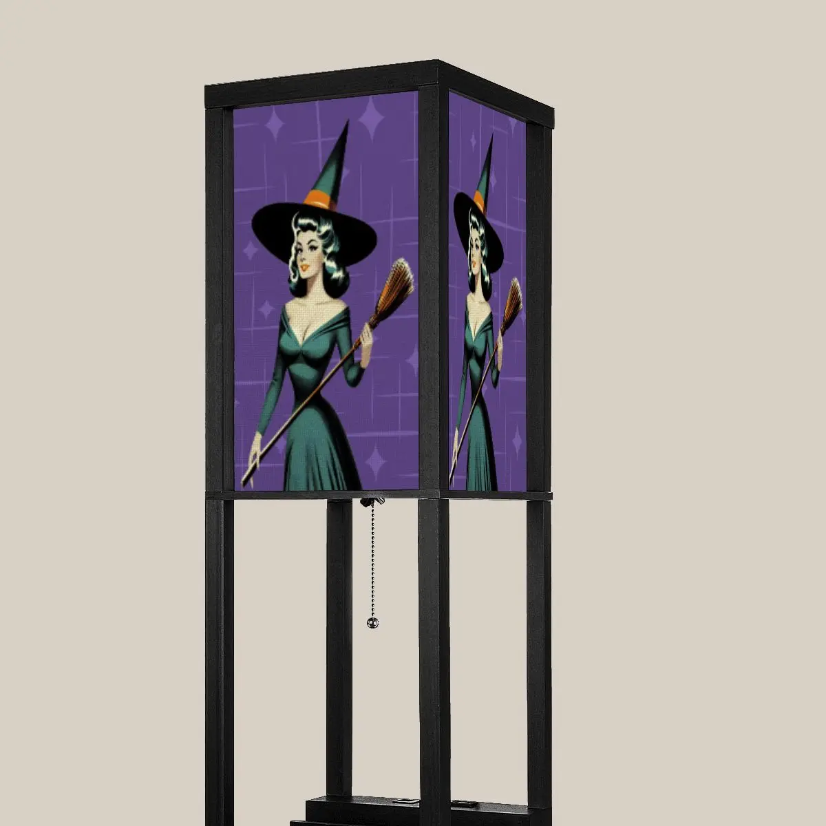 Mid Century Modern Vintage Pin Up Witch Purple Teal Halloween Lampshade for Floor Lamp with Shelves - Lampshade Only