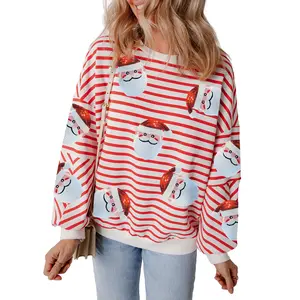 Mntaor Women's Casual Christmas Pullover Sweatshirt, Long Sleeve Orange Stripe Top with Sequins Santa Claus Pattern, Winteroutfit