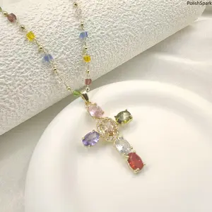 Colorful Zircon Cross Pendant Necklace, Rainbow Crystal Beaded Chain Dainty Gold Plated Necklace, Vintage Y2K Religious Cubic Zirconia Necklace for Women, Adjustable Fashion Jewelry for Daily Party Gift