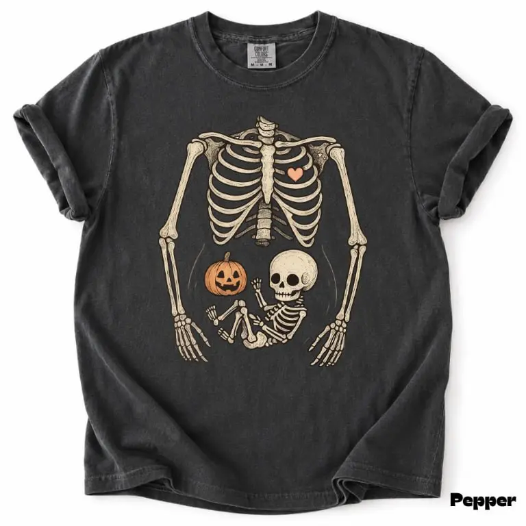 Women's Casual Skeleton Pumpkin Maternity Graphic T-Shirt - Comfort Colors Oversized Fall Tops for Pregnancy Announcement