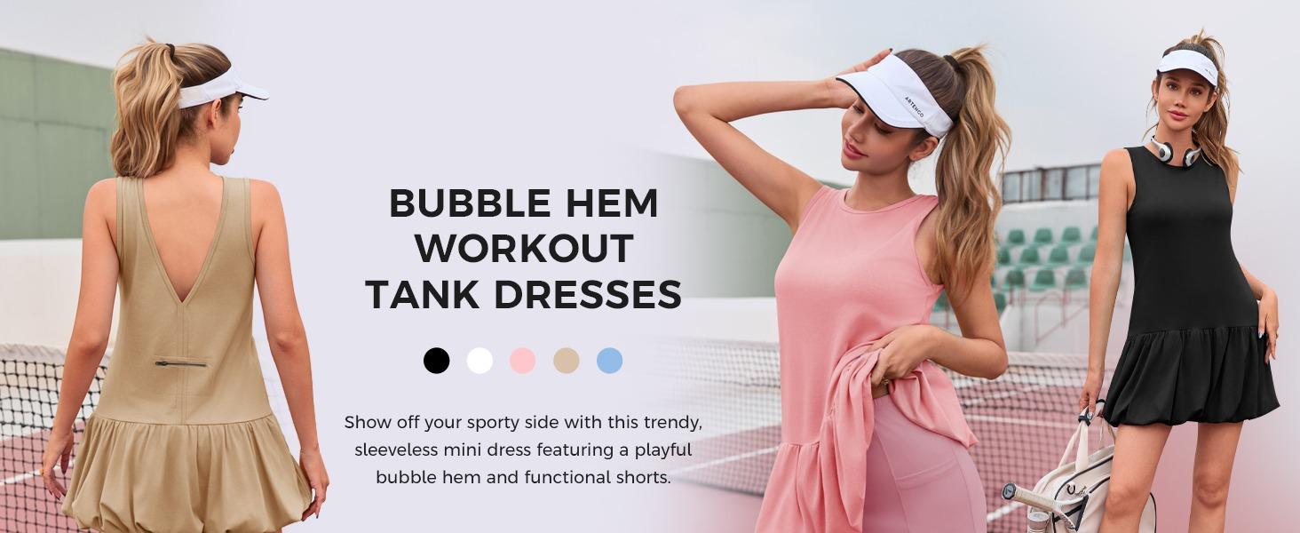 Fisoew Womens Athletic Dresses with Shorts & Pockets Backless Tennis Golf Mini Dress Bubble Hem Workout Active Outfits
