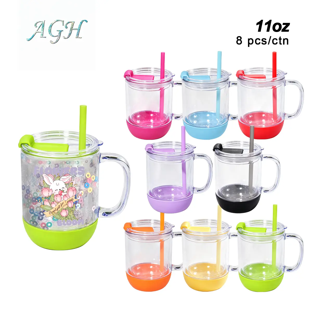 AGH NEW Collection 8-pack 11oz 345ml Snow Globe lava drip coffee mug tumbler, mixed colored rubber bottom and leak-proof 2-in-1 lids&straws, with Pre Drilled Hole Plug