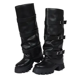 Women's Fold Over Boots Slouchy Mid Calf Black Red Boots Wide Calf Pleated Platform Boots Chunky Stacked Boots Riding Biker Boot Pull on Shark Booties