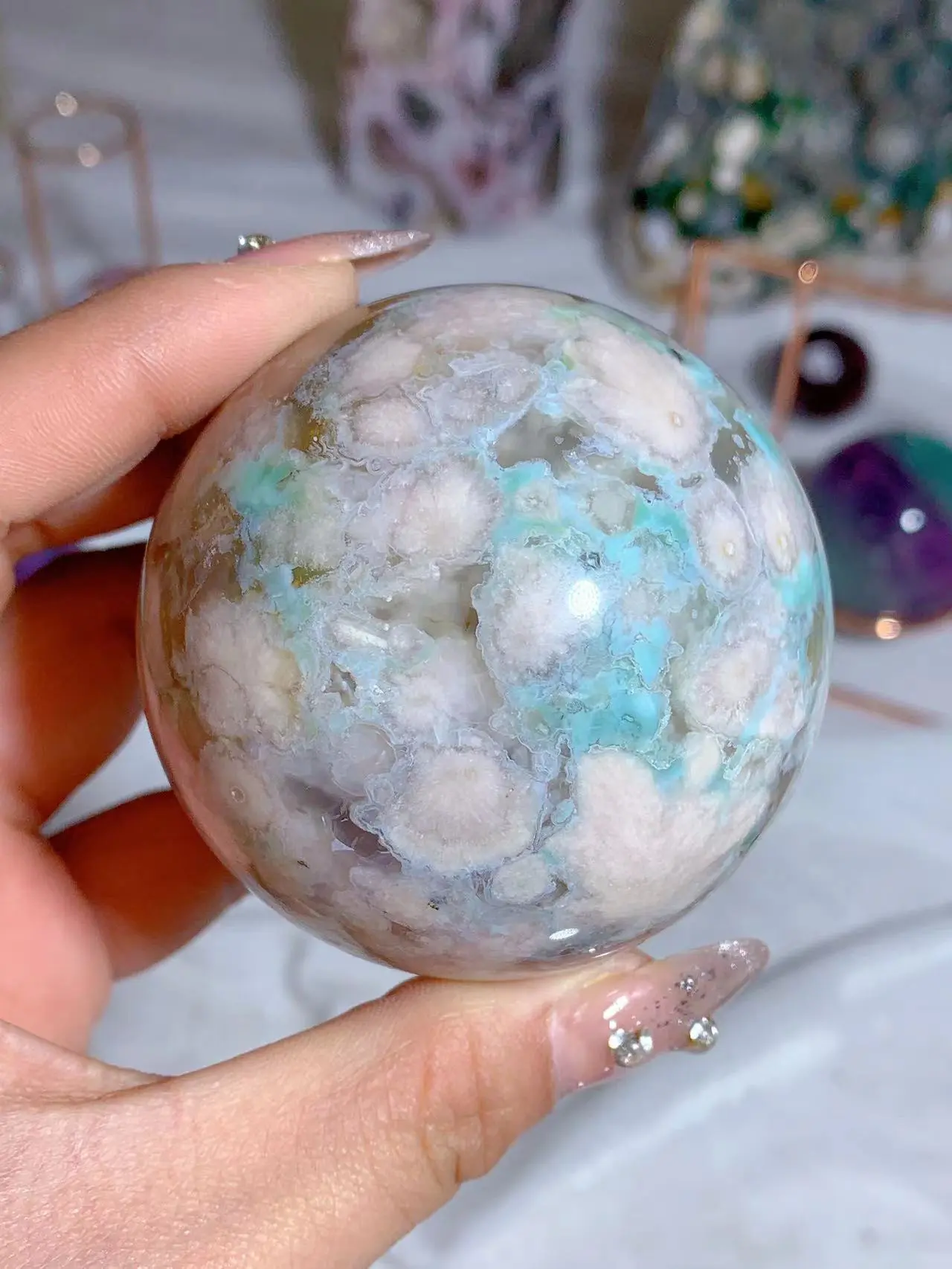 Beautiful green flower agate sphere
