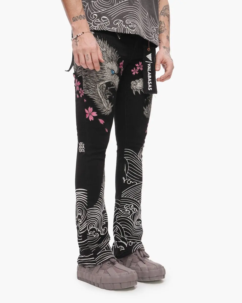 Women's Jet Black Solid Oversized Stretch Denim Design Jeans - Casual Stacked Bottoms with Embroidered Floral-Wave Artwork for Monochrome Streetwear Outfits