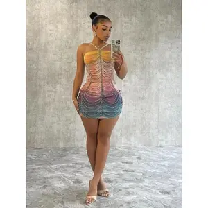 Women's Colorblock Rhinestone Decor Halter Neck Bodycon Dress, Fashion Adjustable Strap Backless Mini Dress for Party Club Dating Wear, Women Dress for Summer Valentine's Day, gift(Sheets)