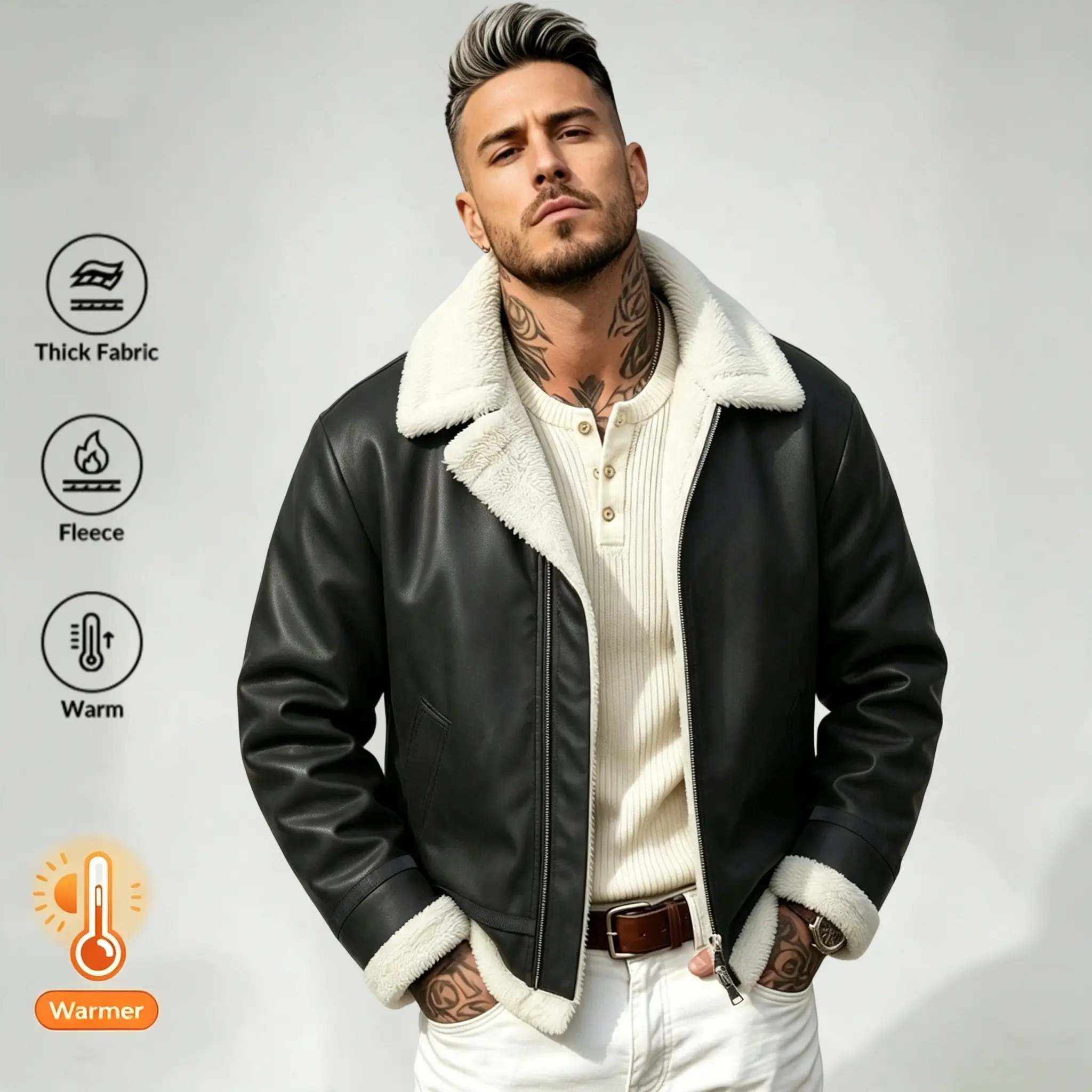 Men Fleece Lined Aviator Jacket Thick Warm Zip‑Up Retro Pilot Lapel Winter Outerwear,Retro Fleece Lined Pilot Jacket For Men Thick Warm Lapel Zip Winter Outer Coat, Menswear Tops