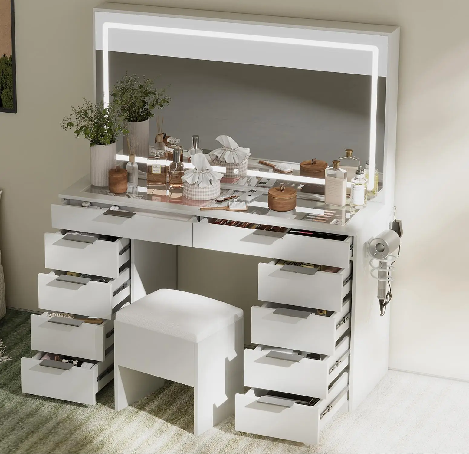 [Live Only] YITAHOME 46 In Vanity Desk Set with Large Lighted Mirror and Power Outlet, Makeup Vanity with 10 11 Drawers and Magnifying Glass, Vanity D
