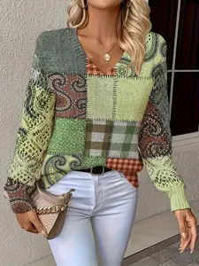 Bohemian Hollow Out Sleeve Knit Sweater, Vintage Patchwork Paisley Print V Neck Pullover for Women, Casual Fashion Top