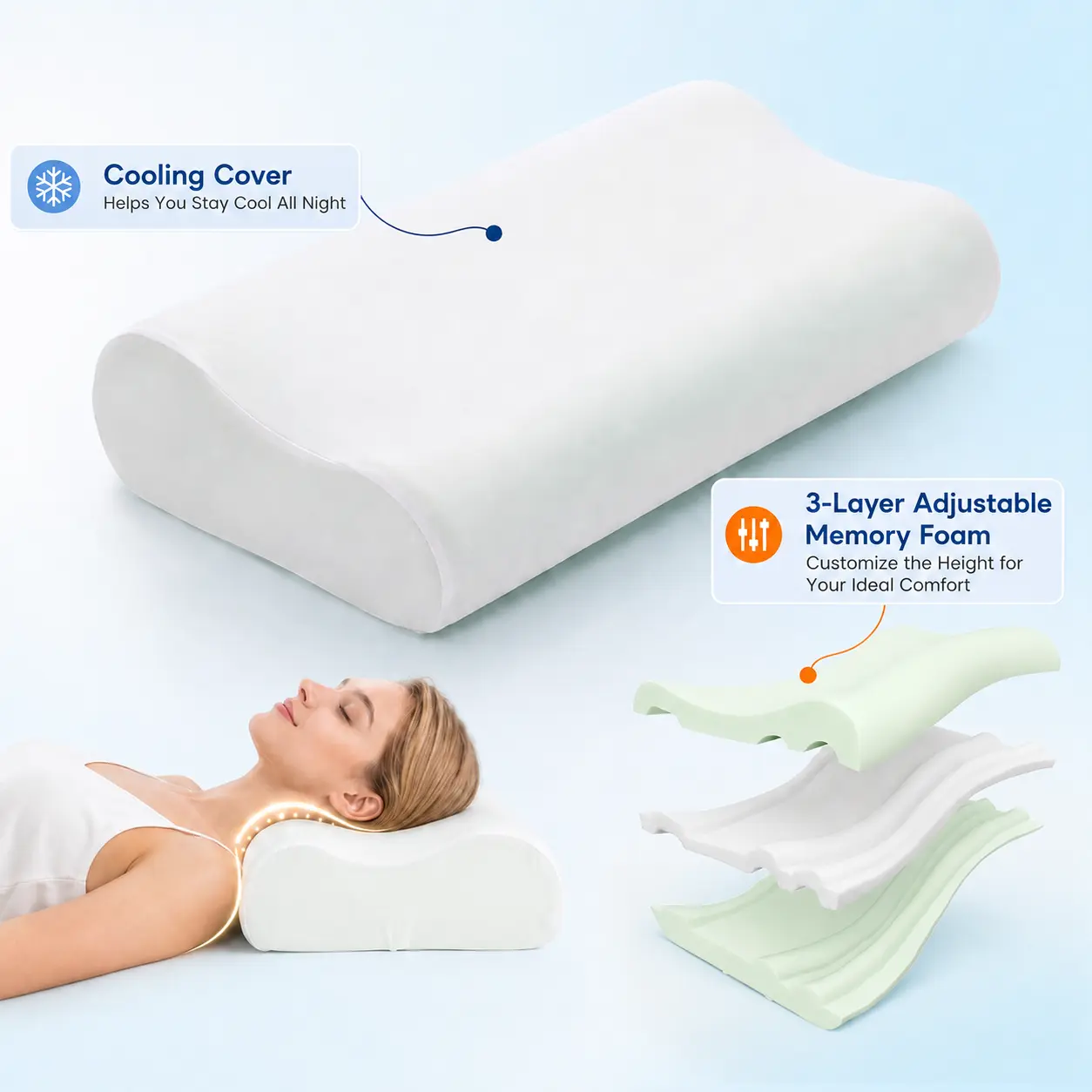 Raybee Cervical Neck Pillow-Adjustable Height, Cooling Memory Foam Pillow with 4 Height Options, Ergonomic Contour Neck Support for Side, Back & Stomach Sleepers, Removable Washable OEKO-TEX Cover