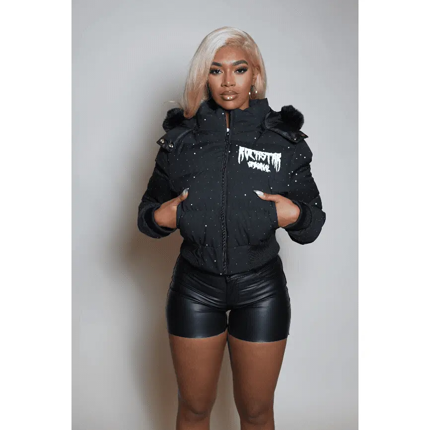 Gabrielle Black Rhinestone Puffer Jacket With Fur Hood