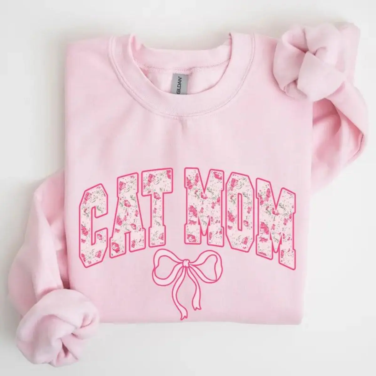 Floral Cat Mom Sweatshirt Gildan Light Pink Crewneck Coquette Bow Varsity Lettering Cat Lover Aesthetic Sweater Pet Parent Gift Top