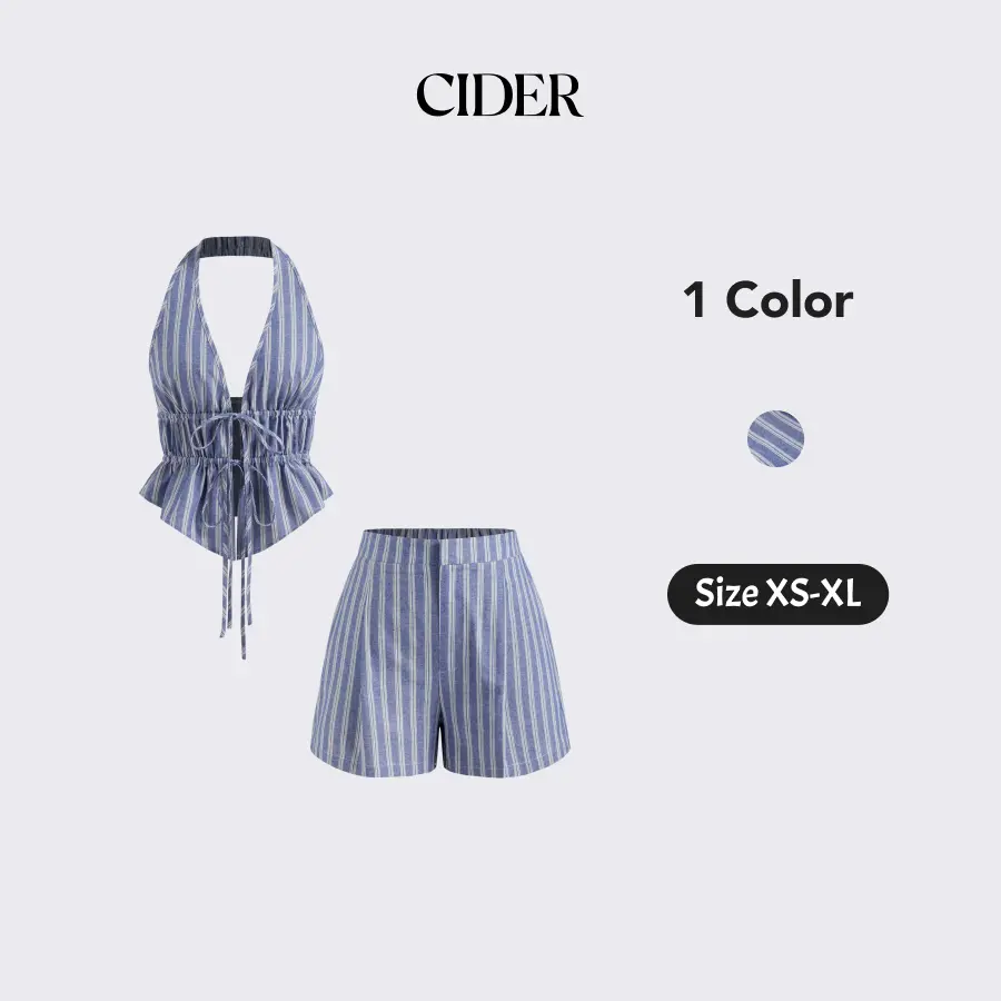 Cider Cotton-blend Halter Neckline Stripe Tie Front Shirred Top &  Mid Rise Shorts Set
