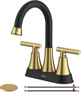 Bathroom Faucets for Sink 3 Hole, 4 inch Black and Gold Bathroom Sink Faucet with Pop-up Drain and Supply Hoses, Stainless Steel Lead-Free Centerset Faucets for Vanity RV