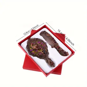 Vintage Animal Theme Peacock Crown Mirror and Comb Set, Creative Design Holiday Gift, Portable Bronze Box Packaging, Model PC369370 - Home & Party Festive Decorations Supplies, Portable Box