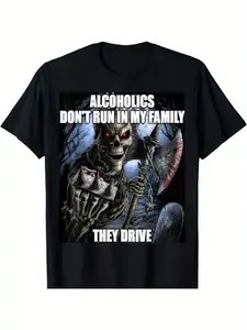 New Limited Alcoholics Don'T Run In My Family, They Drive Funny T-Shirts, % Cotton Fabric, Crew Neck, Short Sleeve, Stretch Fabric, Machine Washable - Perfect for All Seasons, Leisure Style, Conventional Version, Trendy Fashion for Men