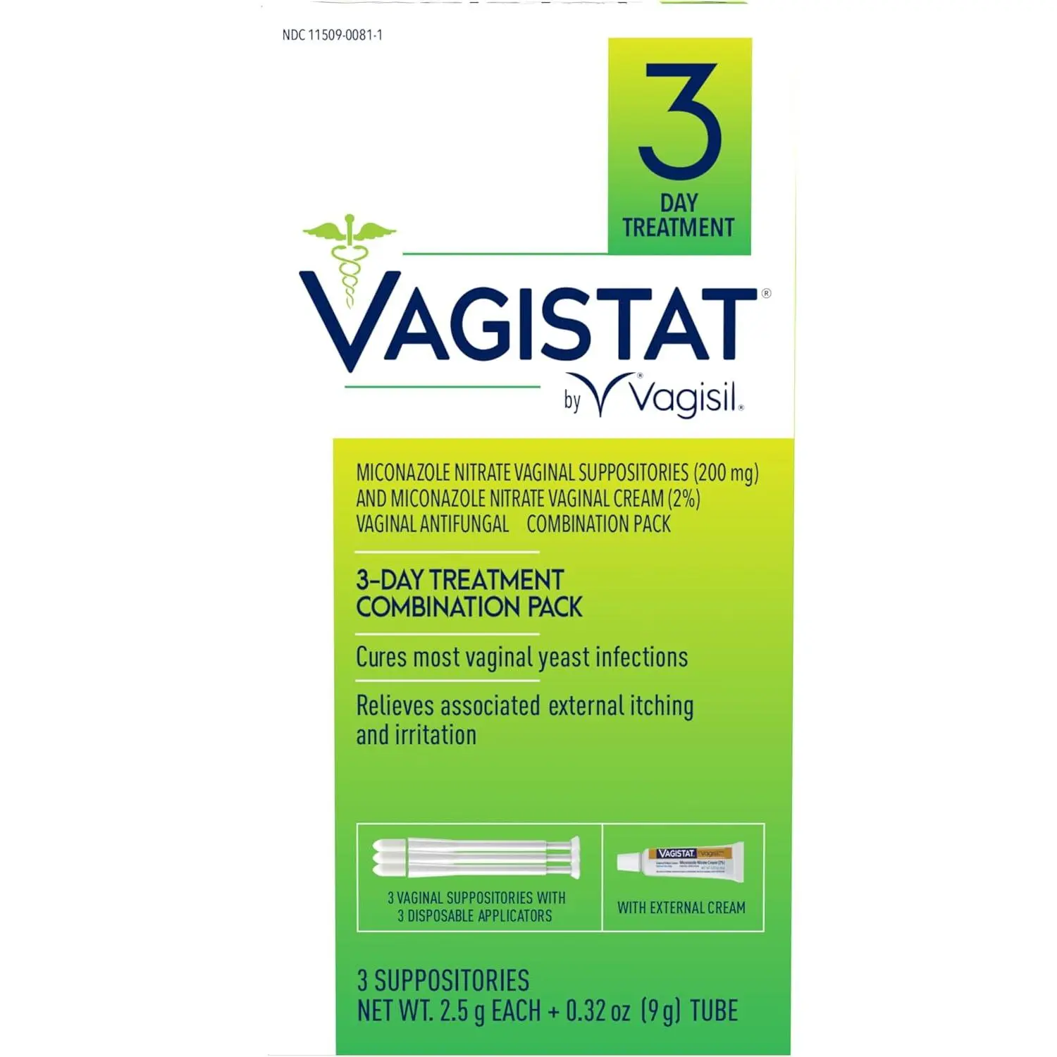 Vagisil Vagistat 3 Day Yeast Infection Treatment for Women, Relieves External Itching and Irritation - 2% External Miconazole Nitrate Cream, 3 Disposable Suppositories & Applicators (Pack of 1)