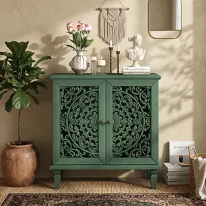 Retro Hollow Carved Decorative Cabinet Double Door Display Storage Sideboard Symmetrical Floral Pattern Adjustable Shelves Solid Wood Legs for Living Room Entryway Antique Green
