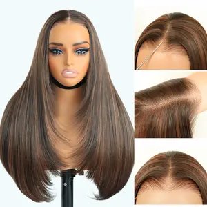 Glueless Wear And Go Synthetic layered cut 9x7 Lace Front Wig  Pre Plucked Pre Cut Straight Wig Vivid Self Growing Clean Hairline with Tiny Knots Heat Resistant Premium Fiber