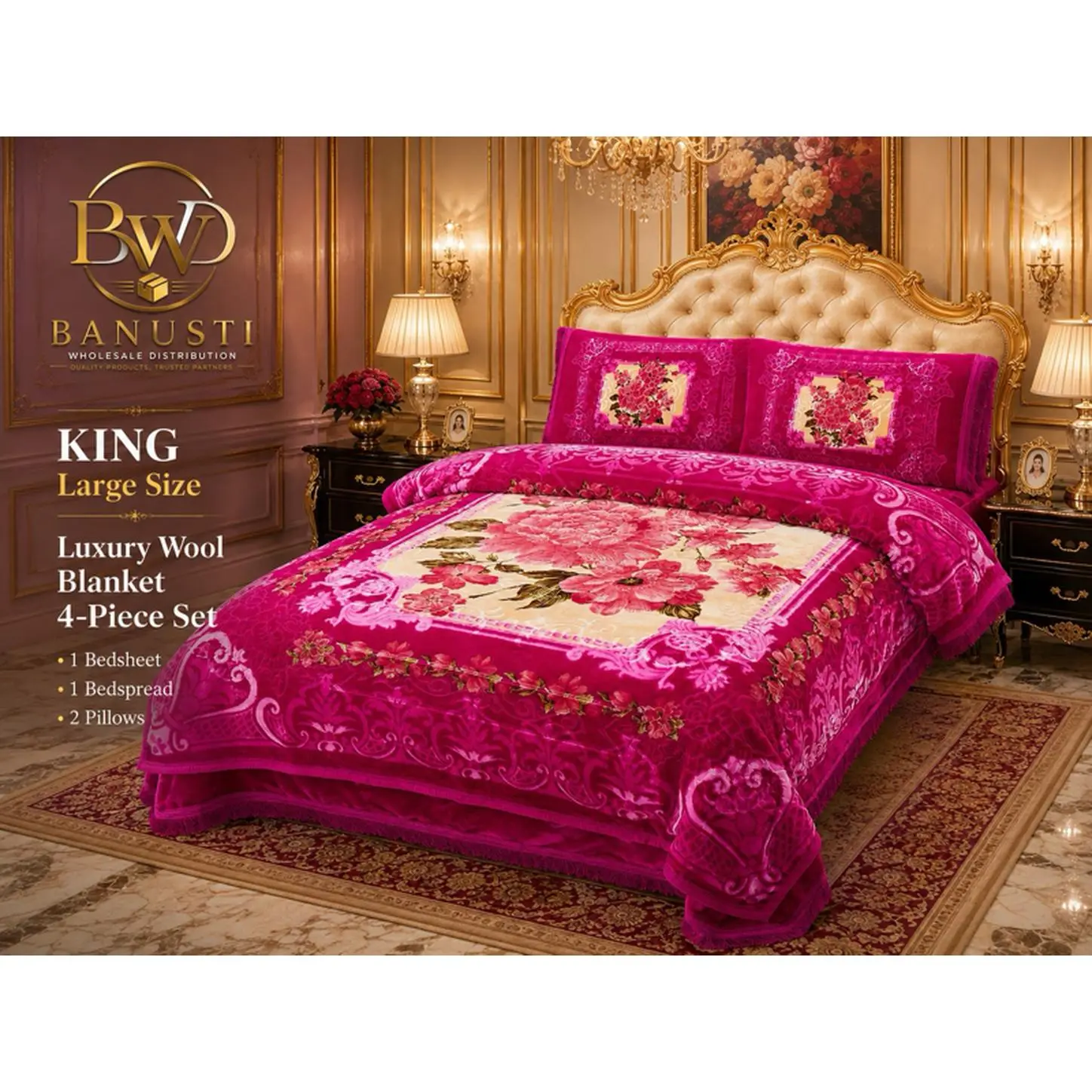 King Size Luxury Wool Blanket 4-Piece Set with Bedspread, 2 Pillows, and 1 Bedspread for Comfort and Style