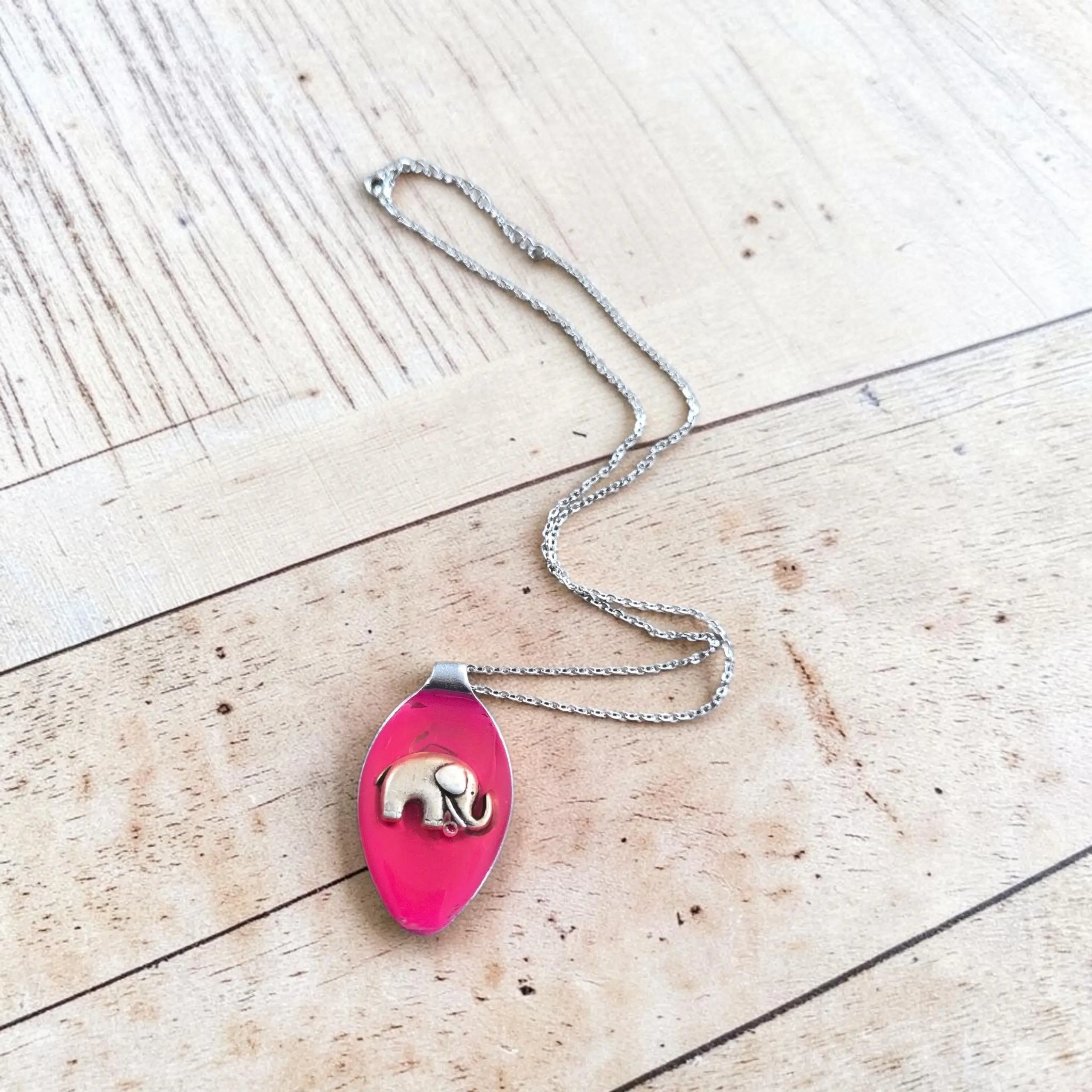 Upcycled Red Elephant Spoon Silver Necklace