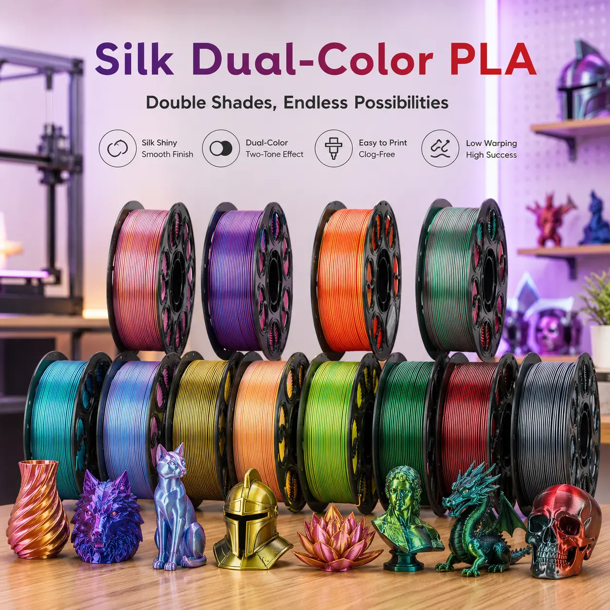 FILAZOO Silk Dual Color PLA Filament 1.75mm 1KG, Glossy Silk Finish,Neatly Wound, Low Warping, Fast & Smooth Printing for DIY Makers, Home Decor, Cosplay Props, Holiday Gifts & Creative Projects